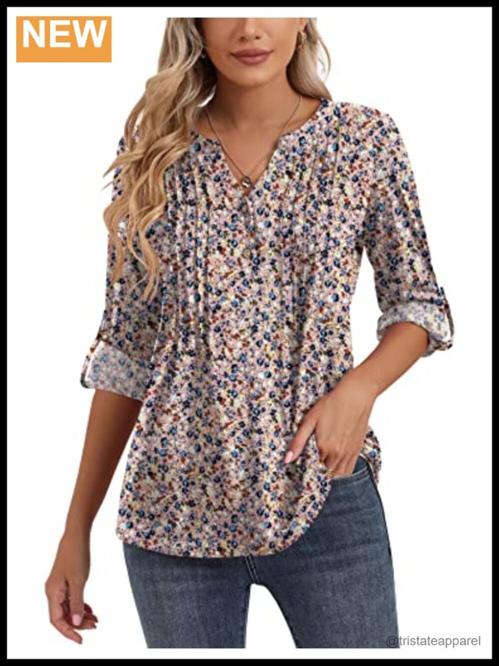3/4 Sleeve V Neck Henley Blouse for Women - Loose Button Up Tunic